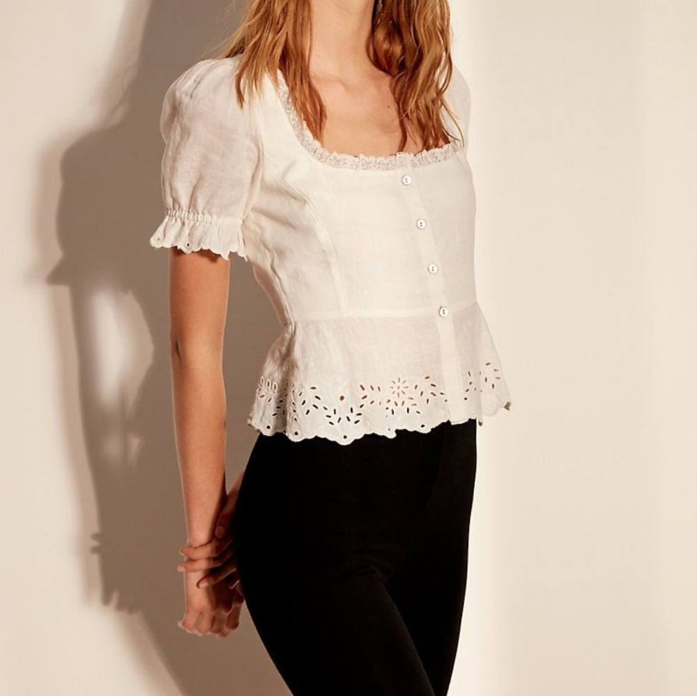 NWOT Aritzia Wilfred la boheme Arwen Blouse sz 4 White Linen Peplum Puff Sleeve